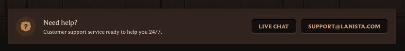 Bannière de support Lanista Casino offrant chat en direct et aide par courriel 24/7