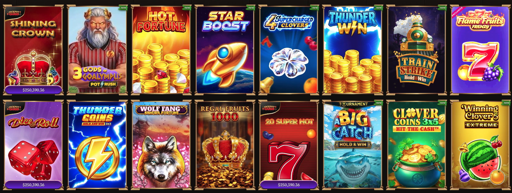 Grid of Lanista Casino slot games including Shining Crown, Hot Fortune, and Star Boost